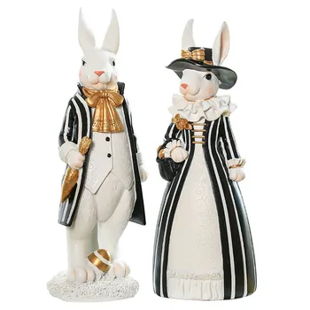 

American Court Rural Light Luxury Rabbit Figurines Handicraft Black Gold Miss Rabbit Nordic Style Home Sculpture Decor M5154