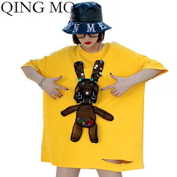 

QING MO Black Violet Red White Yellow Women Rabbit T Shirt 2020 Women Plus Size Loose T Shirt Female Hole T Shirt ZQY3312
