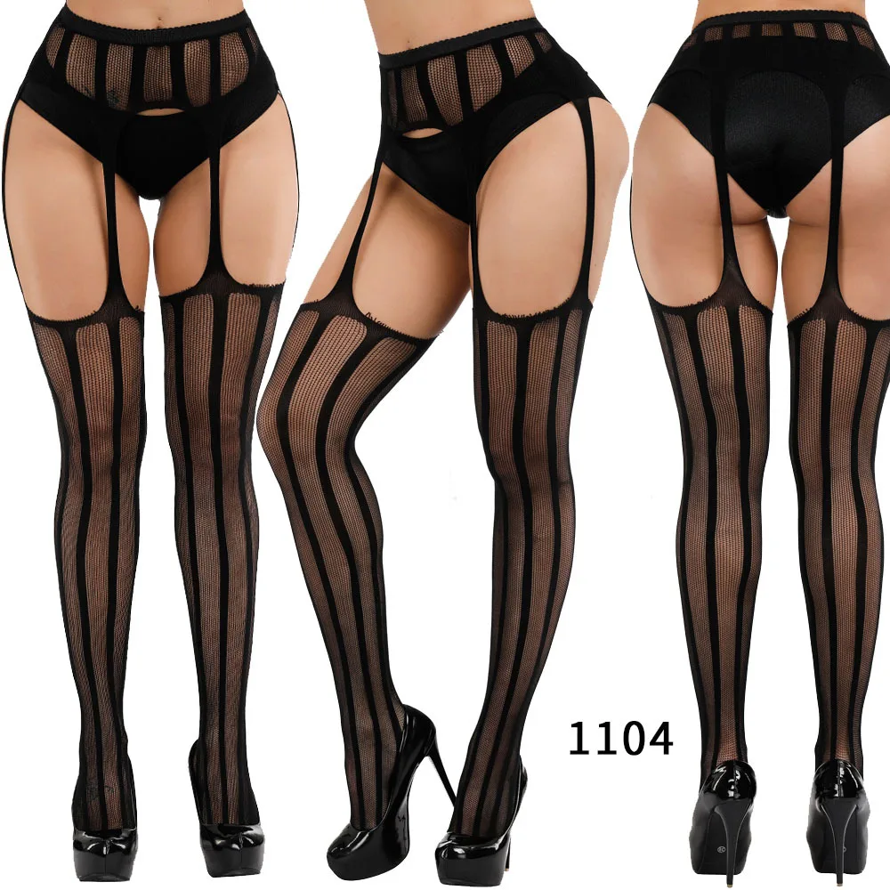 Sexy Women Stockings Fishnet Tights Transparent Crotchless Pantyhose Thigh High Elastic Embroidery Stocking With Garter Belt