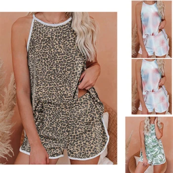 

2020 Summer Strap Short Women Pyjamas Set Print Home Suit Female Sleepwear Fashion Loose Loungewear Nightgown