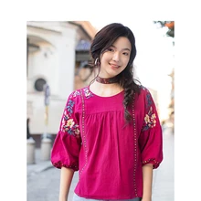 INMAN Лето Новое поступление Женская одежда из чистого хлопка винтажная Цветочная вышивка ретро Блузка Свободный стиль пуловер рубашка