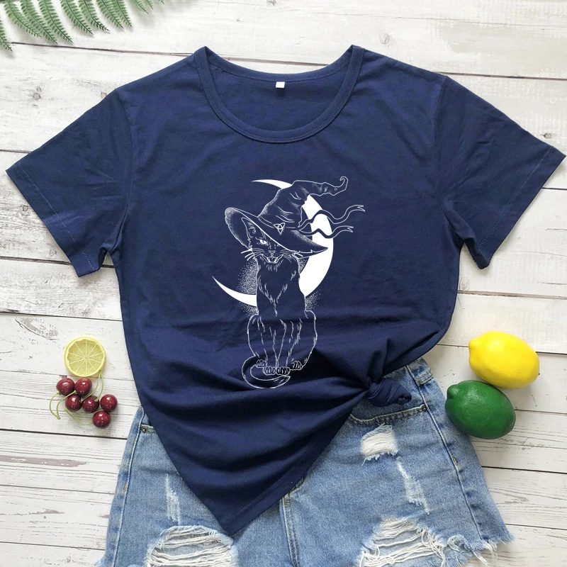 Celestial Moon Cat Witch T-shirt Aesthetic Women Wiccan Gothic Tshirt Vintage Halloween Graphic Tee Shirt Top mens graphic tees
