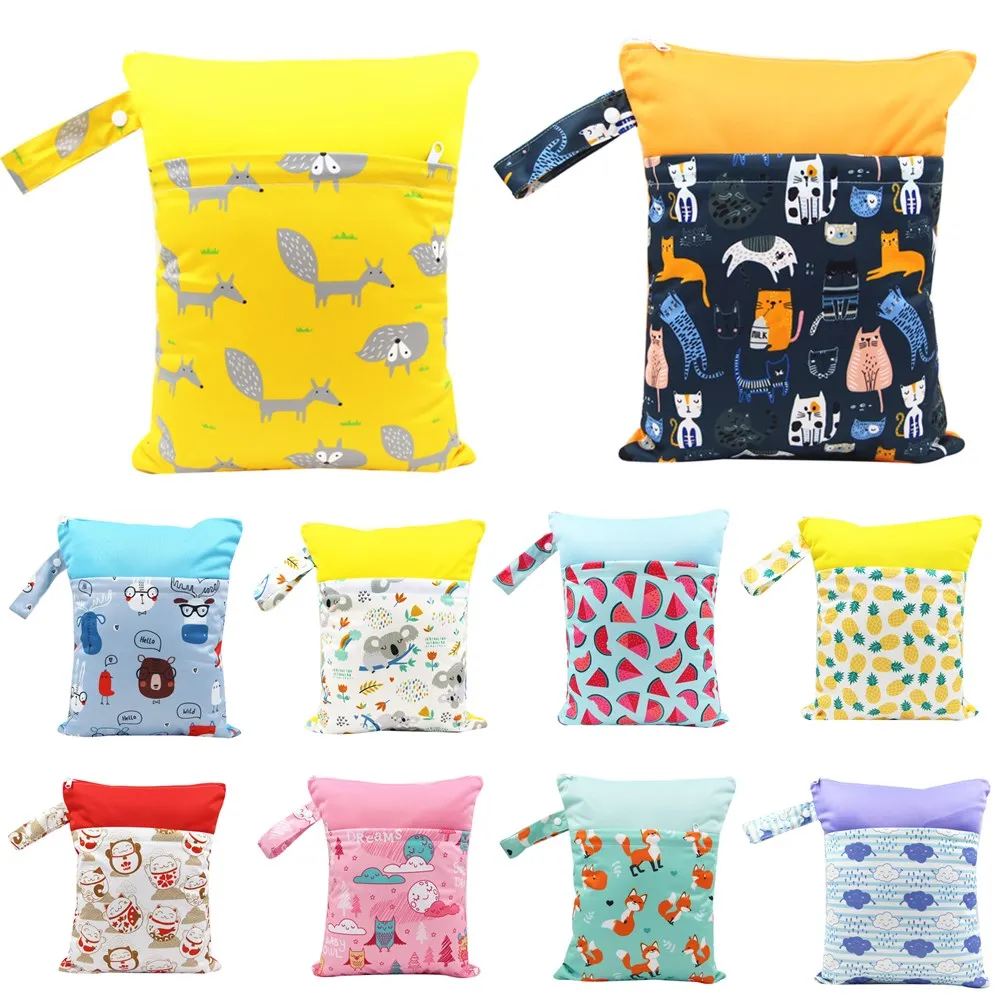 Asenappy polyester PUL Waterproof Baby Bags for Mom Stroller Use 30*37cm Double Packet Diaper Wet Bag | Мать и ребенок