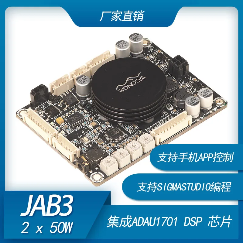 

2 x 50W Class D audio power amplifier with DSP electronic frequency divider, support Sigmastudio programming