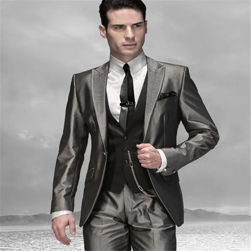 Блейзер Masculino, Мужские костюмы(пиджак+ брюки+ жилет), смокинг жениха, для жениха, блестящий серый, для свадьбы/ужина/вечера, лучший мужчина, жених