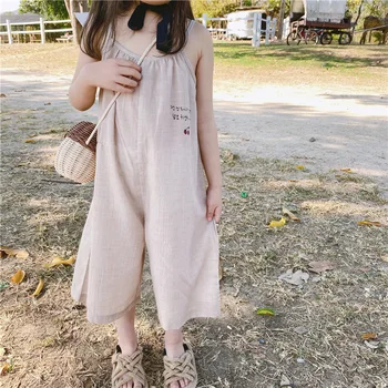 

3386 2020 Children's New Girl's Korean Cotton Suspender Jumpsuit Wide Leg Pants Cherry Girls Summer Belt Pants Overalls