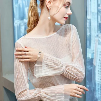 

American Style New Women Spring High Fashion Sexy Slash Neck Flare Sleeve Perspective Chiffon Blouse Shirt Ladies Elegant Shirts