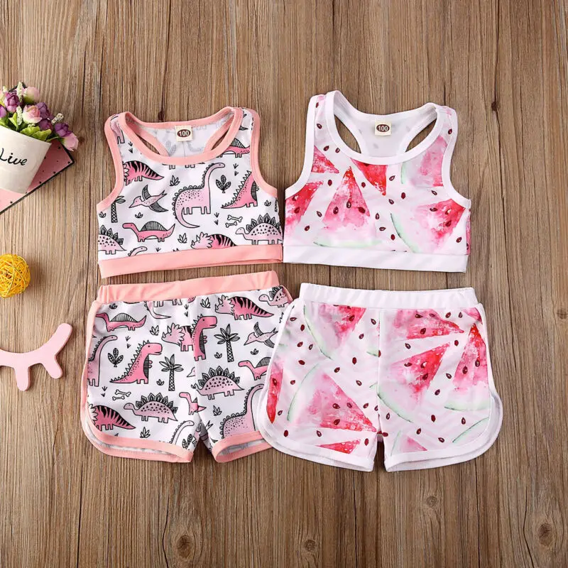 

AA 2Pcs Summer Kids Clothing Baby Girls Dinosaur Vest Top+Shorts Swimwear Outfits Clothes Set Watermelon Pattern Clothes