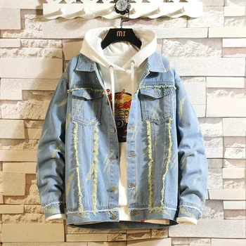 

#3444 Vintage Denim Jacket Men Slim Tassel Colorful Teens Hip Hop Jacket Blue Retro Mens Jackets And Coats Long sleeved