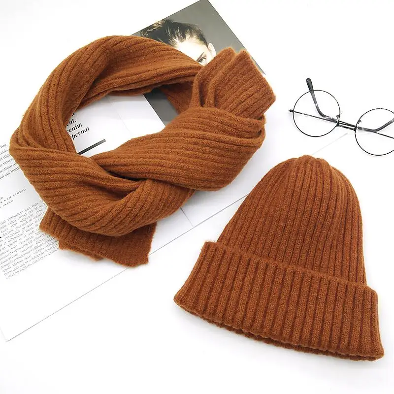 Light Brown COKK вязаная шапка с шарфом зимняя теплая Дамская шапка и шарф эластичные шапки для женщин девочек комплект из двух предметов защита ушей мягкий теплый - Цвет: Light Brown