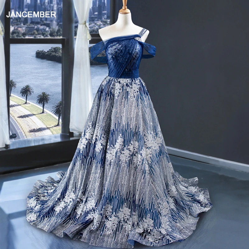 

J67008 jancember ball gown evening dress 2020 one and off the shoulder appliques lace ruched blue dress robe de soiree courte