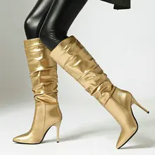 New Gold Sexy Knie Hoge Laarzen Mode Wees Teen Dunne Bodem Stiletto Hak Vouw Decoratie Dames Hoge Laarzen Winter Vrouwen laarzen