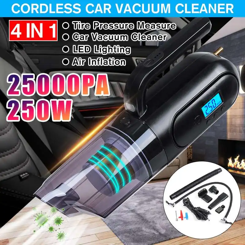 US $29.58 4 IN 1 MultiFunction Car Vacuum Cleaner USB Rechargeable Air Pump Tire Pressure Monitoring LED Light Digital Display Car Home