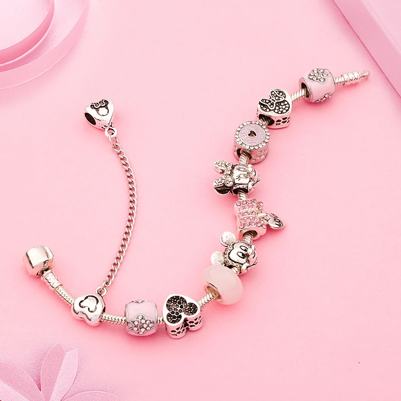 Милый розовый хрустальный браслет с Микки и Минни, сердечко серебряного цвета, браслет из бисера для женщин и девушек, модное ювелирное изделие, подарок