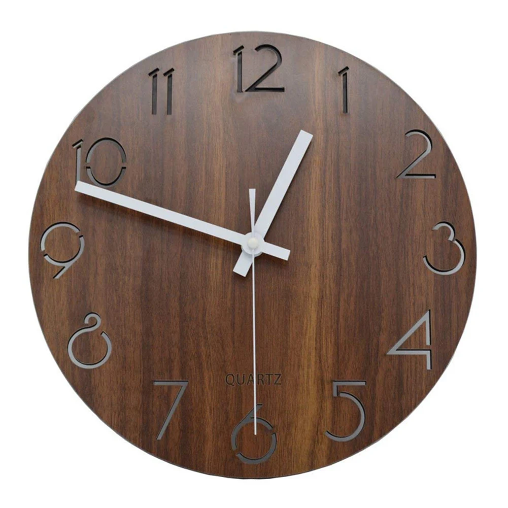 12inch Living Room Quartz Movement Vintage Wall Clock Wooden Round Tuscan Style Home Arabic Numerals Kitchen Rustic Decorative