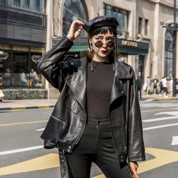 

LANMREM 2020 Leather Jacket Female Spring New Loose Korean Version Of The Pu Leather Zipper Lapel Casual Jacket 19B-a185