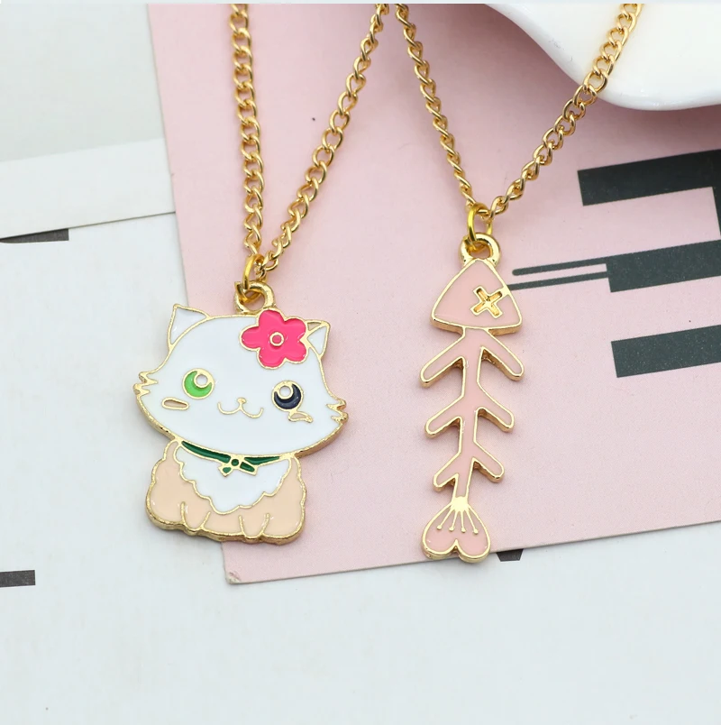 Симпатичные DIY кошка рыба ожерелье для женщин девочек красочная эмаль кости котенок Подвеска для золотой цепочки ожерелье s милые Ювелирные изделия Подарки