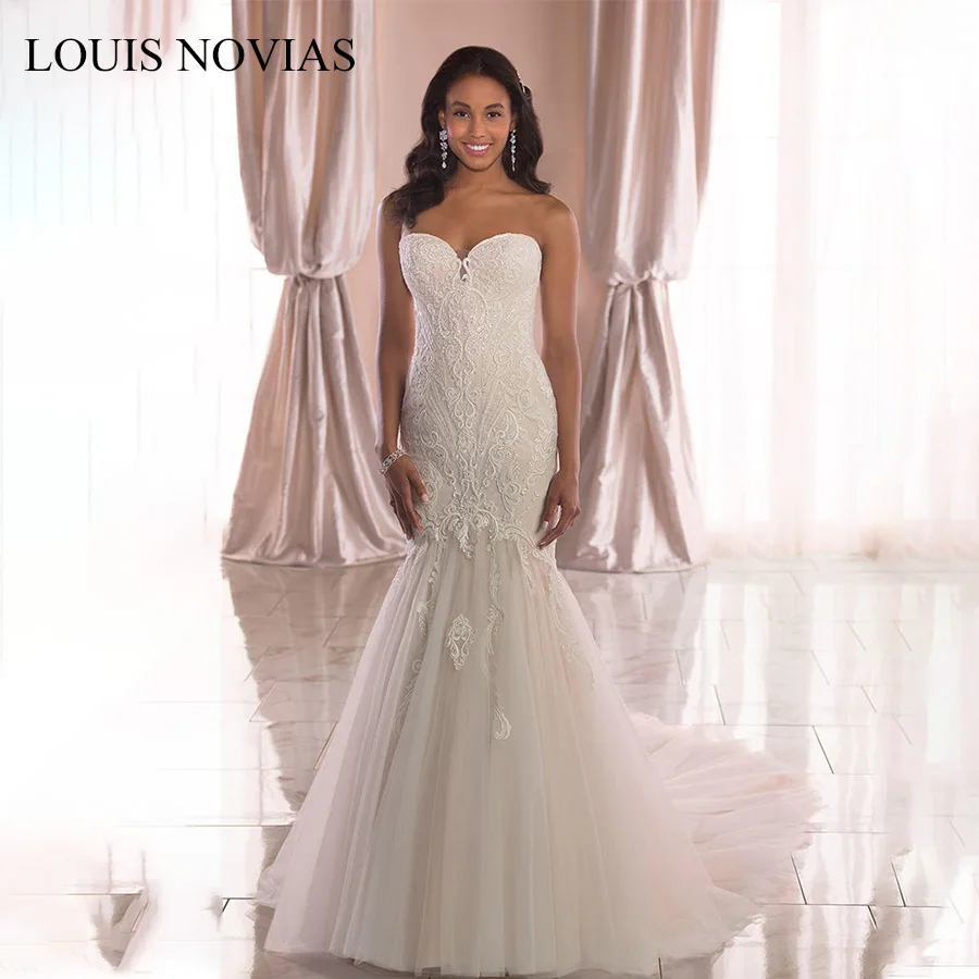 LOUIS NOVIAS Sexy Sweetheart Strapless Mermaid Wedding Dresses Romantic Backless Bride Dress Appliques Tulle Wedding Gowns