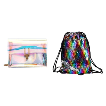 

1pcs Women Handbag Cute Crossbody Bags & 1pcs Fashion Reversible Sequin Drawstring Bag Cinch Sack Backpack