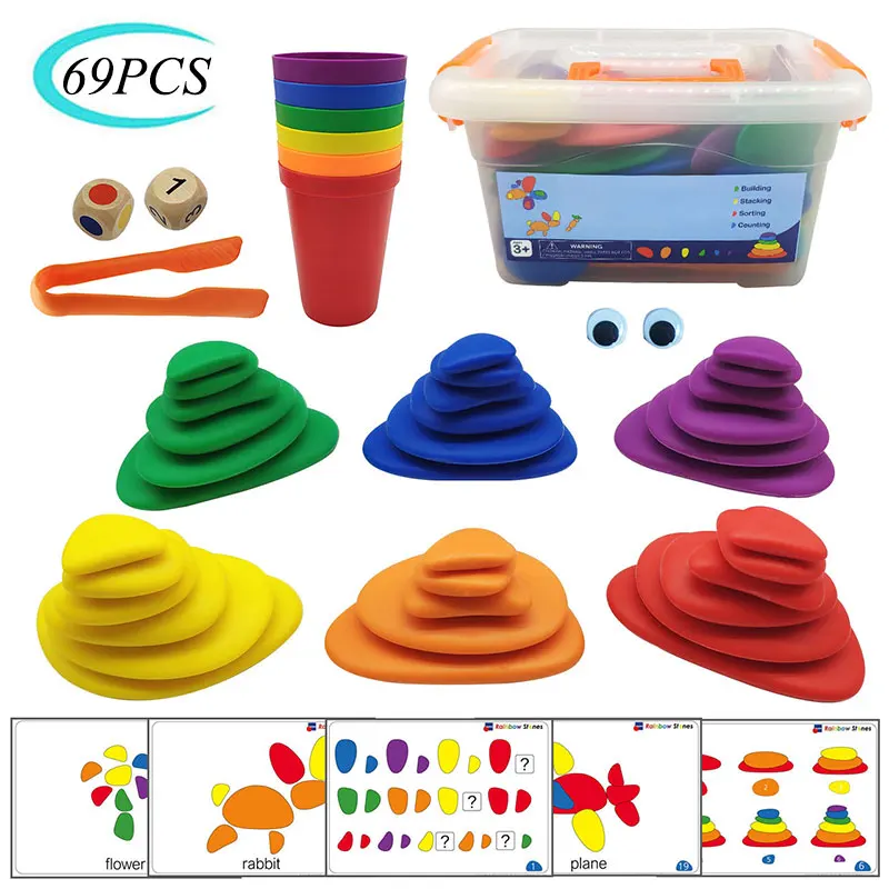 Guijarros de arcoíris Montessori para niños, Juguetes Educativos de Jenga, piedras apiladas de plástico, 69 Uds.
