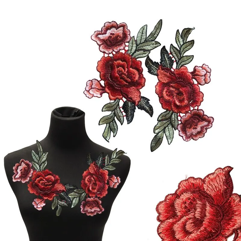 

2pcs Beautiful Red Rose Flower Floral Collar Sew Patch Applique Badge Embroidery Dress Handmade Craft Ornament Fabric