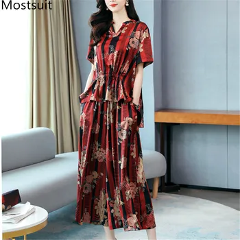 

2020 Summer Printed Vintage Two Piece Sets Women Short Sleeve Tops + Wide Leg Pants Suits Elegant Fashion Plus Size 2 Pcs Sets