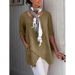 Женская модная летняя повседневная футболка с перекрестным дизайном, с коротким рукавом, из хлопка и льна, с карманом, женская одежда 2019