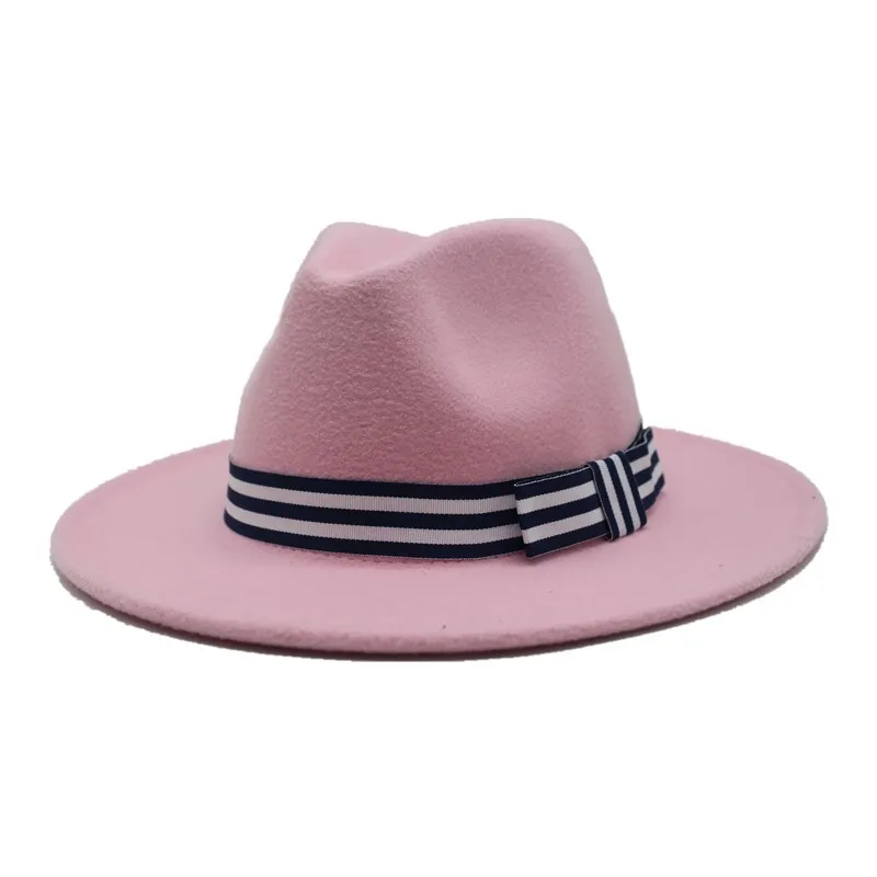 Зимняя шерстяная шляпа Fedora для женщин фетровая шляпка с широкими полями женская Трилби Chapeu Feminino шляпа для мужчин Джаз церковь Крестный отец шляпы сомбреро - Цвет: Pink