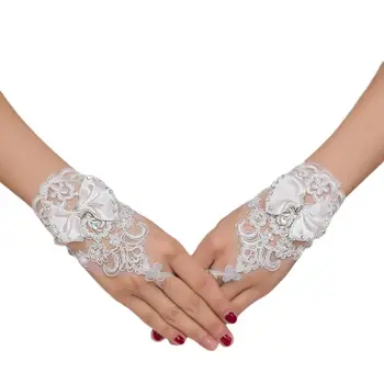 

Embroidery Lace Short Gloves Satin Bowknot Rhinestone Ribbon Wedding Mittens