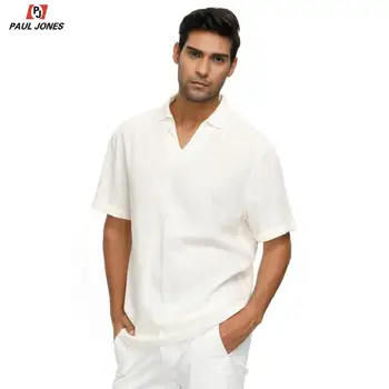 

PAUL JONES 70%Rayon+30%Linen T Shirt Men Short Sleeve V Neck V T Shirts For Men Summer Beach Tee Shirts Loose Fit T-Shirt Tops