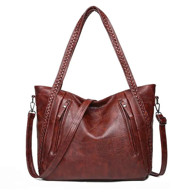 

Women's large capacity shoulder bag, vintage soft leather handbag, casual straddle, famous designer, woven tote bag, color