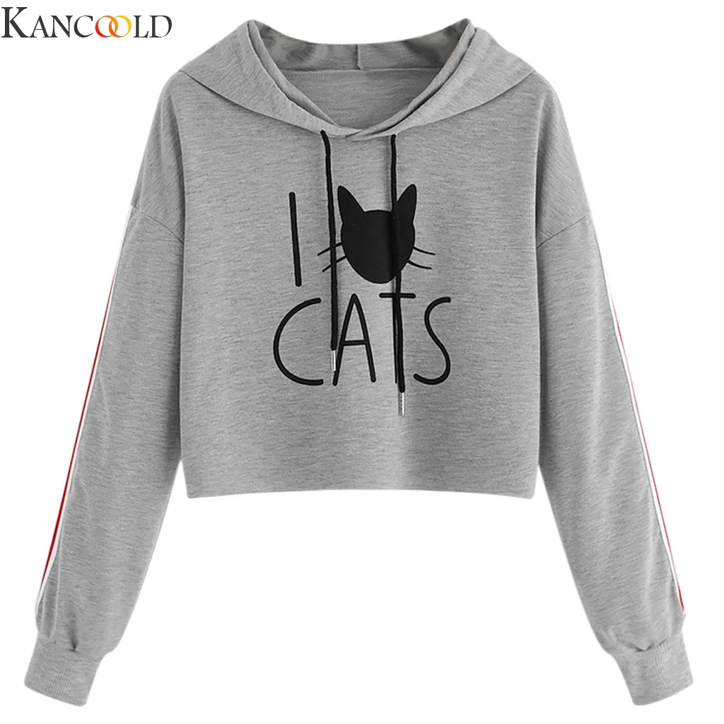 

KANCOOLD Women Casual Stripe Tape Detail Crop Sweatshirt Sports Sweatshirt Tops Conventional Models Pure Color Hot Sale Autumn