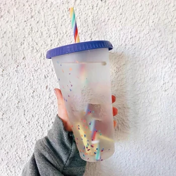 

1/5pcs 700ml Color Changing Cup Confetti Plastic Color Changing Cup Cold Water Color Changing Straw Cup Kitchen Dining Supplies