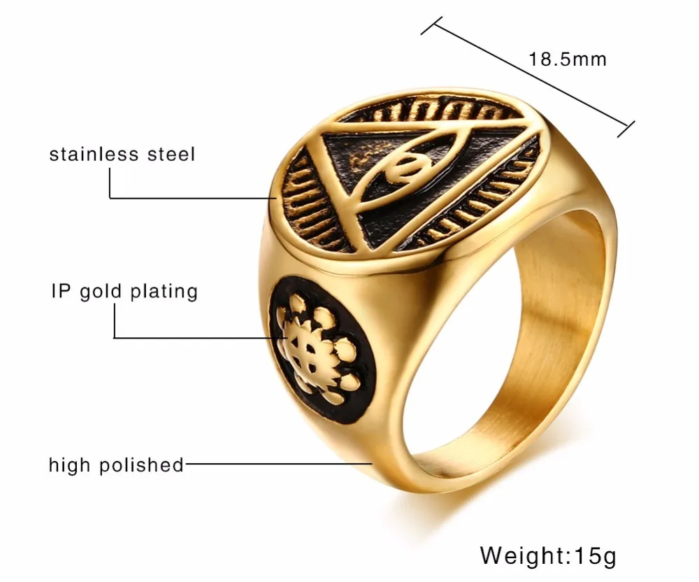 Mens Rings Illuminati Pyramid the All-Seeing-Eye Religious Ring for Men Stainless Steel Vintage Symbols Jewelry gold 13