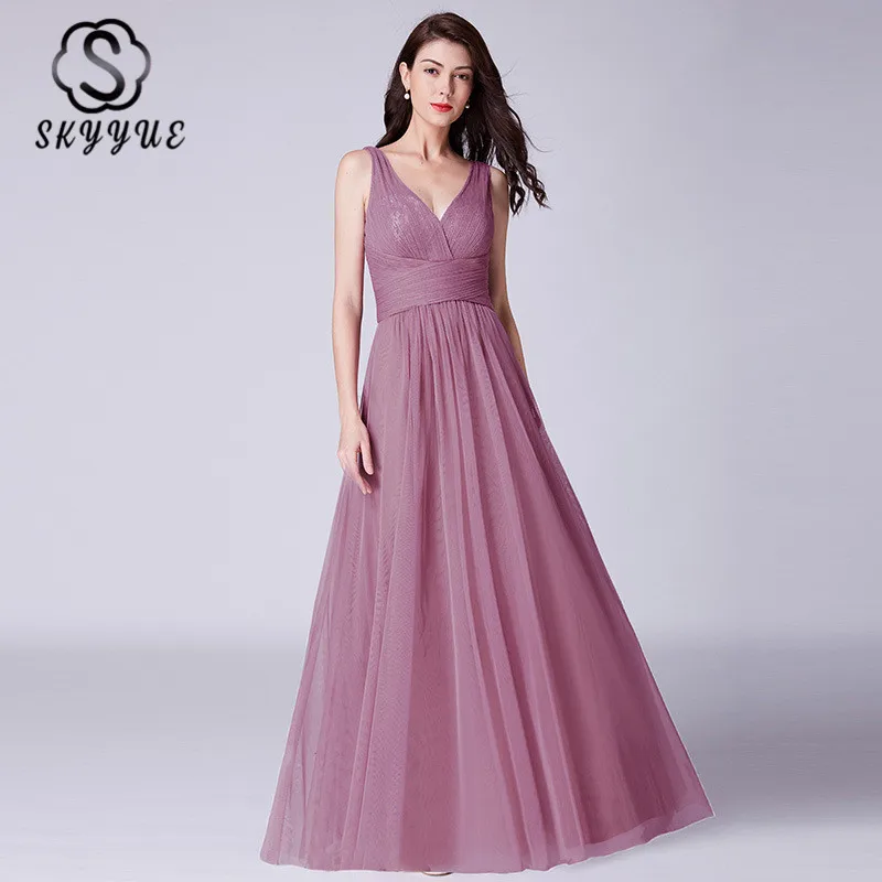 

Skyyue Evening Dress Double V-neck Robe De Soiree Floor Length Women Party Dresses 2019 Plus Size Pleat Formal Evening Gown C471