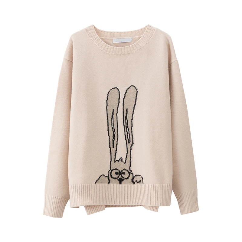 beige AOEMQ, модные свитера, 4 цвета, принт с кроликом из мультфильма, милые свитера с длинными ушками и вышивкой кролика, пуловеры, зимняя женская одежда - Цвет: beige