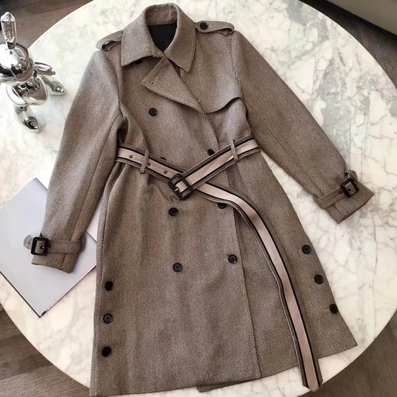 

Winter Autumn Elegant Women Korean Office Lady Long Plaid Coat Loose Oversized Warm Wool Blends Overcoat Casual OL Trench Coat