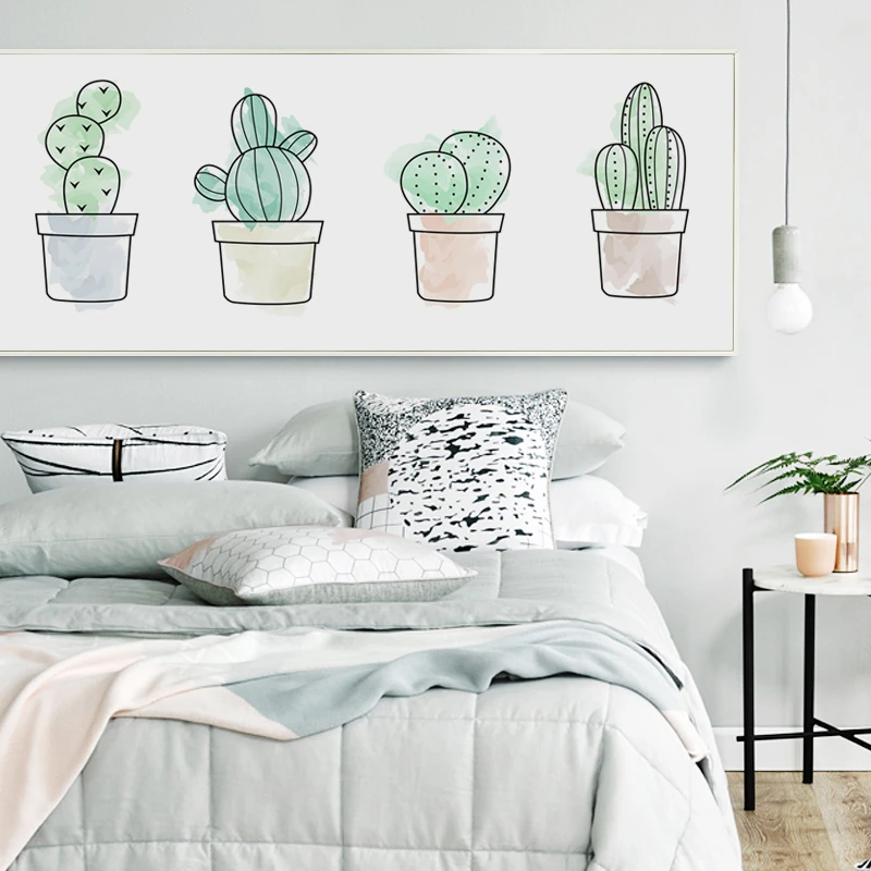 Simple Watercolor Potted Cactus Plant Poster Horizontal Canvas Painting Wall Art Pictures For Bedroom Home Decoration Gift|Painting & Calligraphy| - Aliexpress