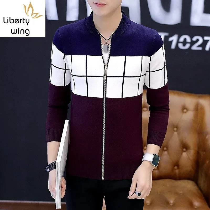 

Men Korean Slim Coat Autumn New Casual Cardigan Knitted Sweater Outerwear High Street Mens Zipper Baseball Jacket M-XXL