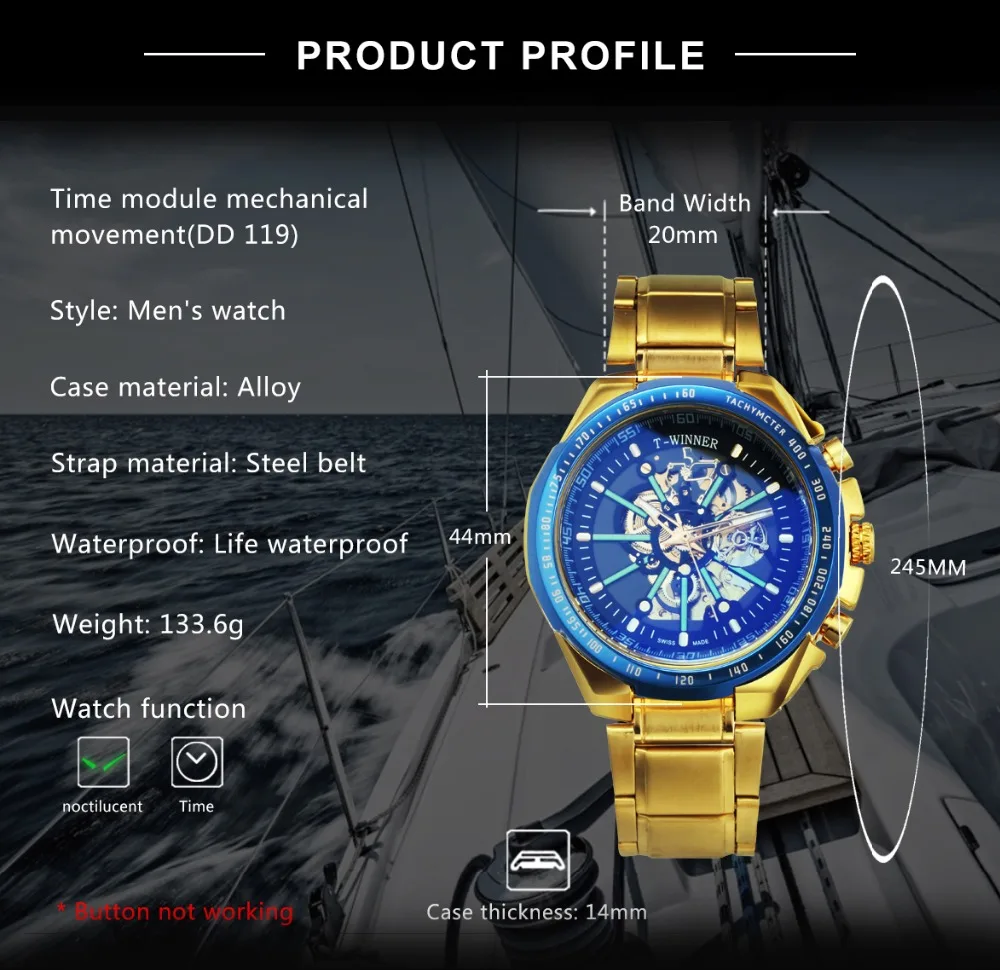 WINNER Official Automatic Mechanical Gold Watch Men Big Case 