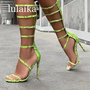 

2020 New Fashion Green Serpentine High Heels Open-Toed Boots Sandals Pumps Zipper Party Women Boots Shoes 12 Cm Size 35-40