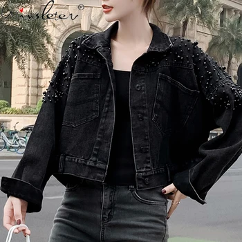 

Autumn Korean Clothes Loose Denim Jacket Fashion Streetwear Beading Pockets Women Coat Lady Cowboy Outerwear Tops 2020 C07201