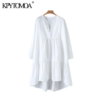 

Vintage Elegant White Loose Pleated Irregular Knee Dress Women 2020 Fashion V Neck Long Sleeve Female Dresses Vestidos Mujer