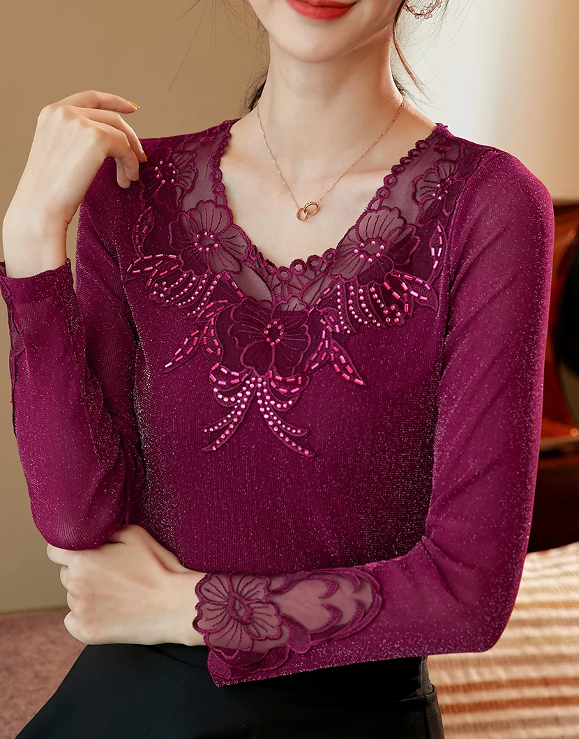 Осень сетка blusas mujer de moda длинный рукав полые кружевные топы элегантные тонкие плюс размер блузки женские топы и рубашки