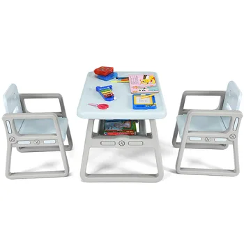 

Kids 2-in-1 Table and 2 Chairs Set w/Storage Shelf Toddler Activity Gift Blue