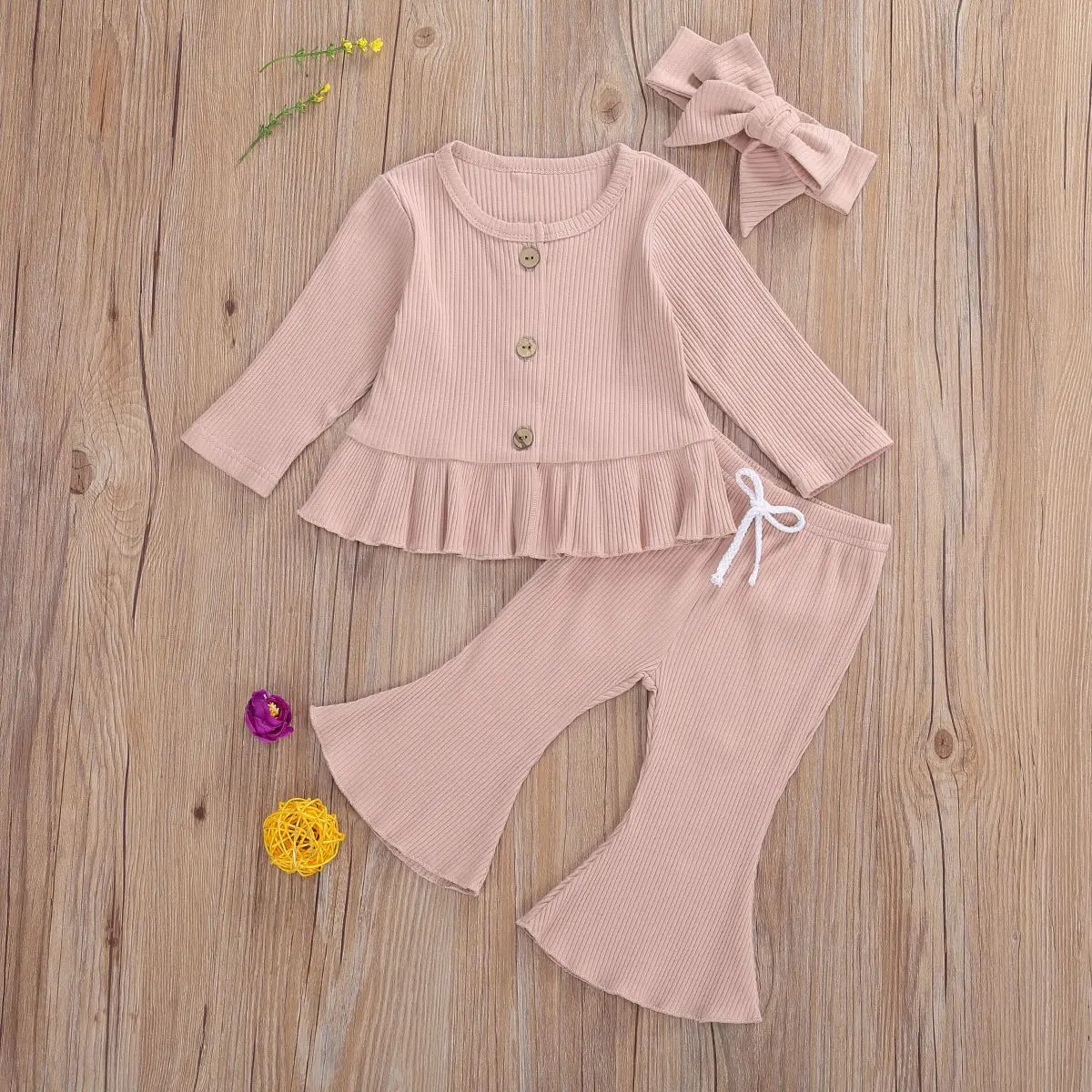 baby clothing set essentials Newborn Baby Girl 3Pcs Clothes Autumn Winter Knitted Casual Outfits Long Sleeve Buttons Ruffle Top + Long Flared Pant + Headband Baby Clothing Set