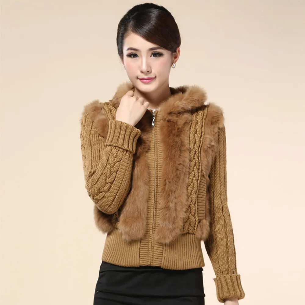 Real Rabbit Fur Coat Cardigan Knitted 