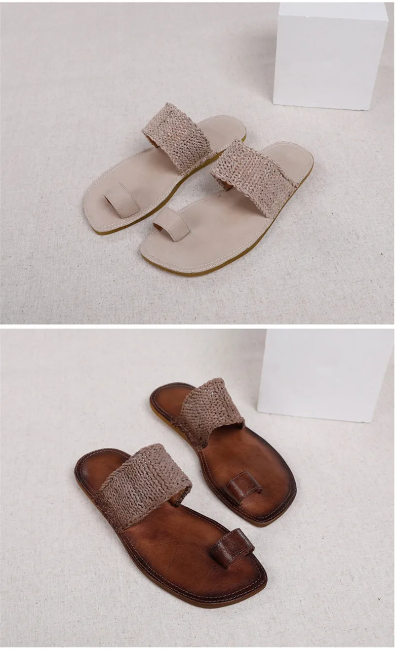 Original Summer 2020 New Clip Toe Flat Slippers Shoes Woman Vintage  Genuine Leather Slides Hand-Woven Ladies Flip Flops Sandals (5)