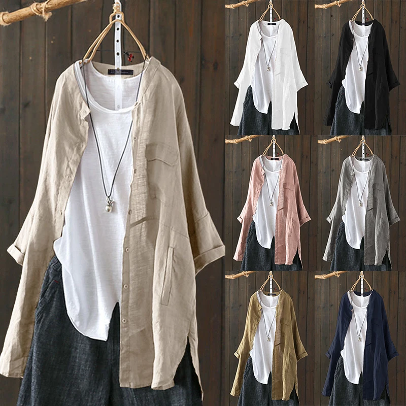 

Women Tops 2019 ZANZEA Vintage Woman Linen Blouse Casual Long Sleeve Shirts Button Cardigans Plus Size Tunic Baggy Blusas S-5XL