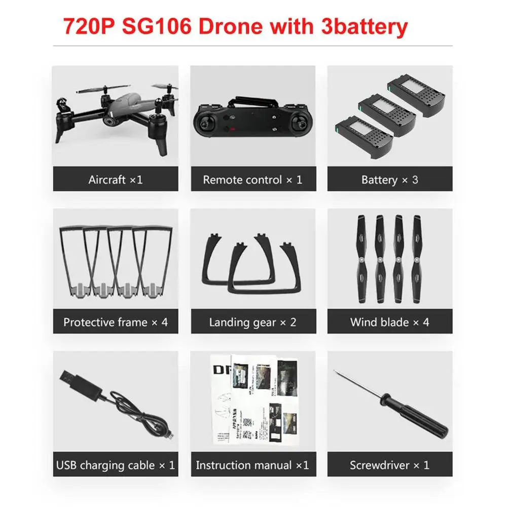 720P 3Battery black SG106 дрона с дистанционным управлением с 720/1080 p/4 K HD двойной Камера FPV Wi-Fi в режиме реального времени воздушной видео оптического потока Квадрокоптер вертолет с гироскопом 1/2/3 Батт - Цвет: 720P 3Battery black